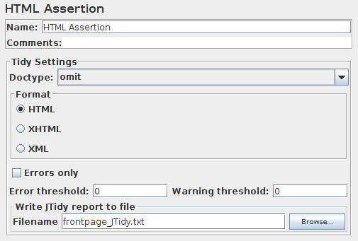 Screenshot für das Control-Panel von HTML Assertion
