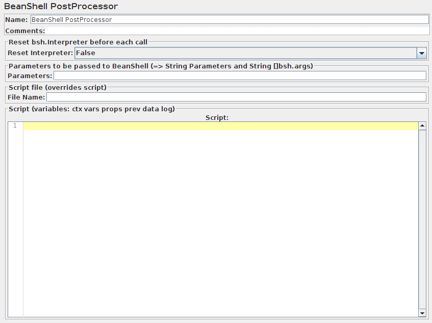 Screenshot für das Control-Panel von BeanShell PostProcessor