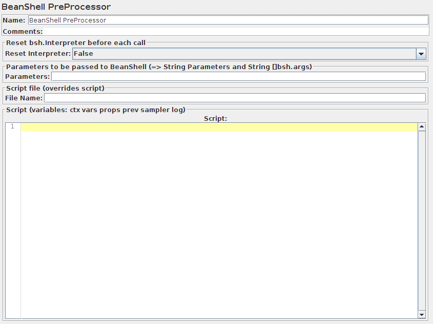 Screenshot für das Control-Panel des BeanShell PreProcessor